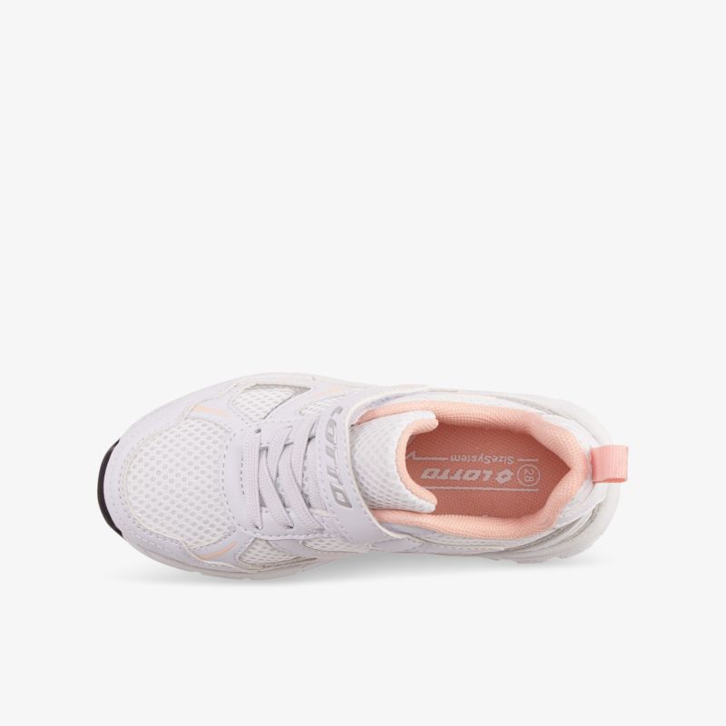 Leichter weißer Sportschuh mit rosa Innensohle, atmungsaktivem Material und bequemer Polsterung in Draufsicht