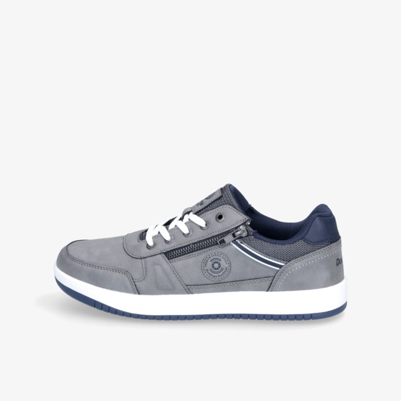 Grauer Sneaker mit weißer Sohle und seitlichem Reißverschluss, ideal für sportliche und lässige Outfits.