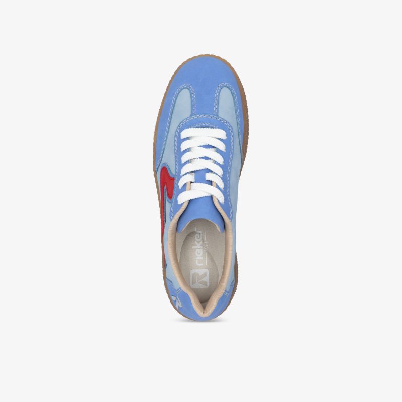 Blauer Sneaker mit weißer Schnürung in Draufsicht, sportlich und bequem für den Alltag
