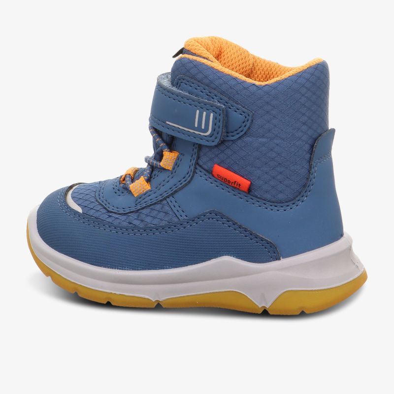 Bequemer blauer Kinderschuh mit Klettverschluss und rutschfester gelber Sohle.