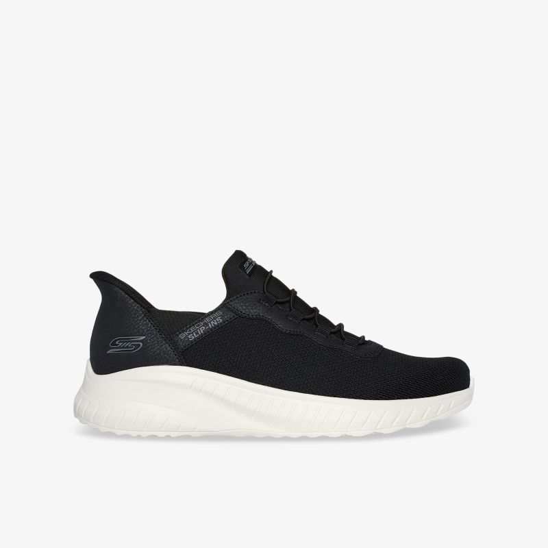 Side view of a black sneaker with white sole, lightweight and breathable design for all-day comfort