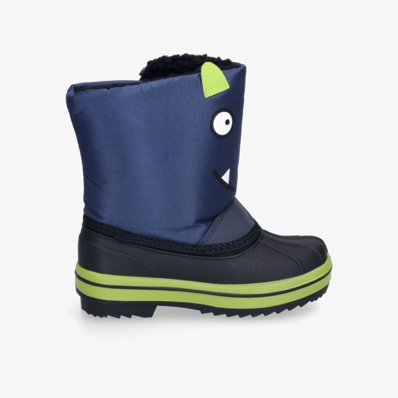 Kinderstiefel mit Monster-Design und rutschfester Sohle in Blau mit grünen Akzenten, bequem und strapazierfähig.