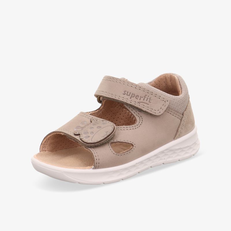 Beige offene Kinder Sandale mit verstellbarem Klettverschluss und weicher, atmungsaktiver Sohle für hohen Tragekomfort