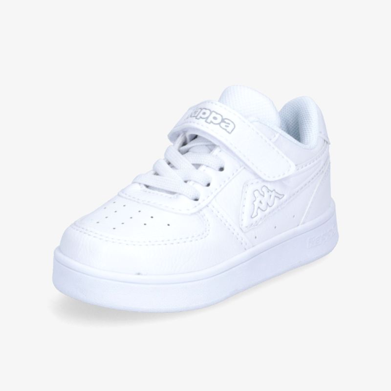 Stilvoller weißer Turnschuh mit Klettverschluss und klassischem Design, perfekt für Alltag und Freizeit.