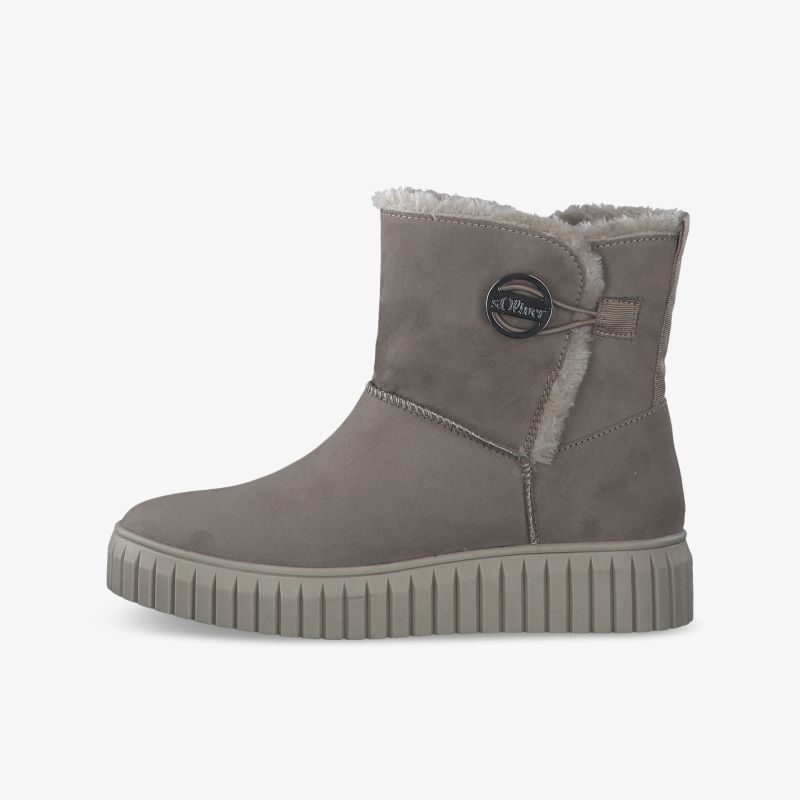 Graue Stiefelette mit wärmendem Innenfutter und rutschfester Sohle in klassischem Design, perfekt für kalte Tage.