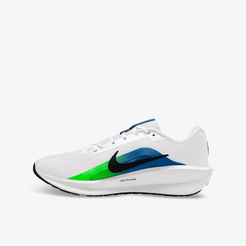 Eleganter Sneaker mit dynamischem Design in Blau und Grün, ideal für sportliche Aktivitäten.