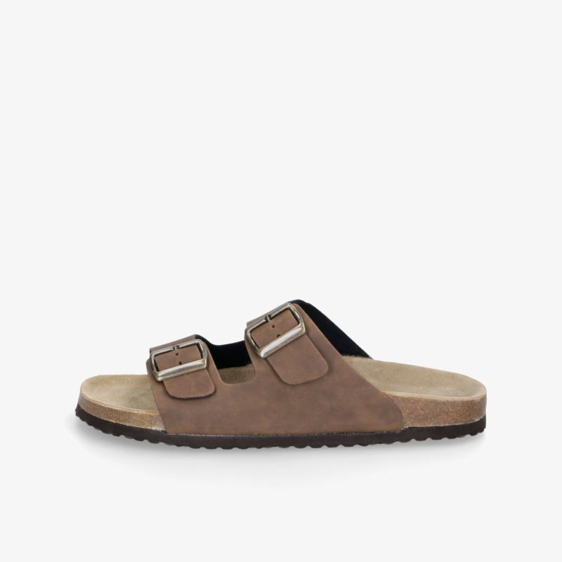 Komfortable braune Pantolette mit verstellbaren Schnallen und weichem Fußbett, ideal für entspanntes Tragen