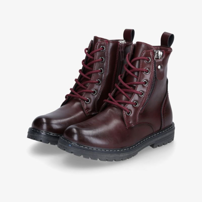 Robuste bordeauxrote Schnürstiefel aus Leder mit seitlichem Reißverschluss, komfortabler Passform und stabiler Profilsohle