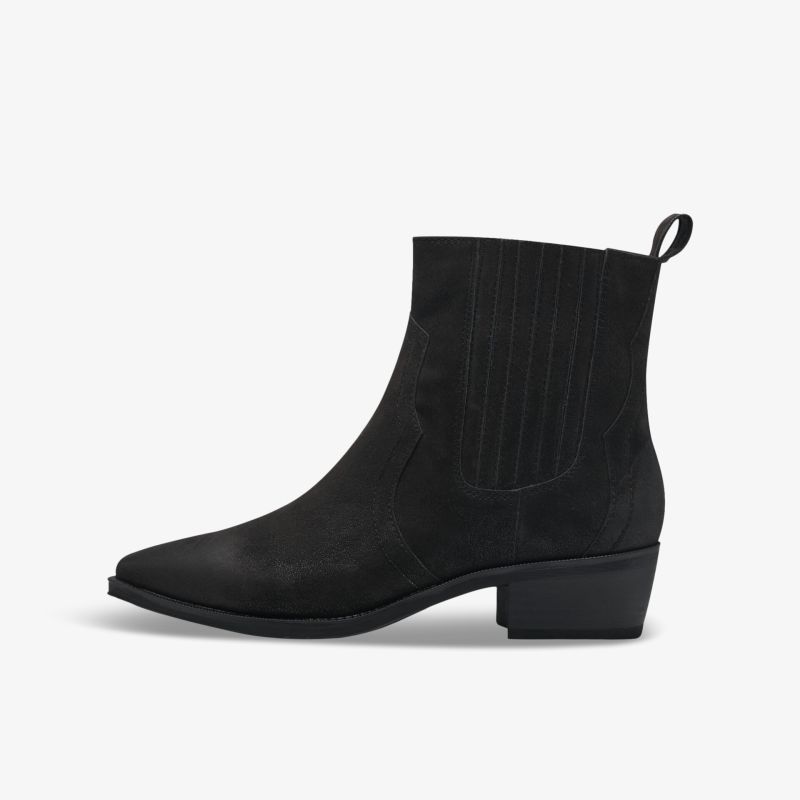 Schwarze Stiefeletten aus Leder mit Blockabsatz und atmungsaktivem Material für komfortables Tragen.