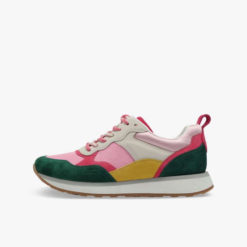 leichter bunter Sneaker mit sportlichem Design, robuster Sohle und bequemer Passform seitlich dargestellt