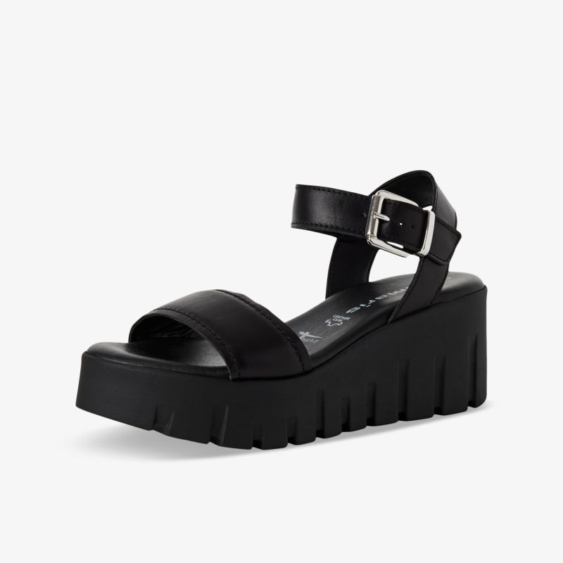 Schwarze Plattform-Sandalette mit verstellbarem Riemen und dicker, profilierter Sohle für bequemen Halt