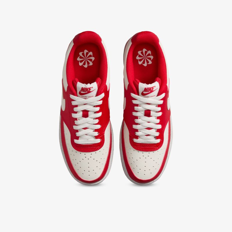 Top-Down Ansicht von einem Paar rote und weiße Sneaker mit klassischen Schnürsenkeln, sportlichem Design und Komfort