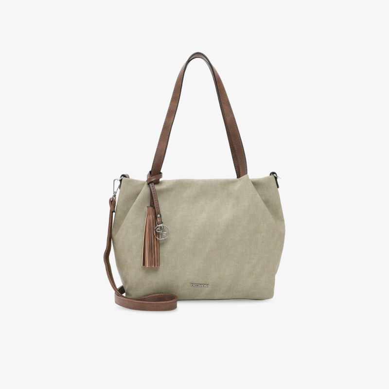 Elegante beige Handtasche mit braunen Riemen, modernes Design für stilvolle Auftritte.