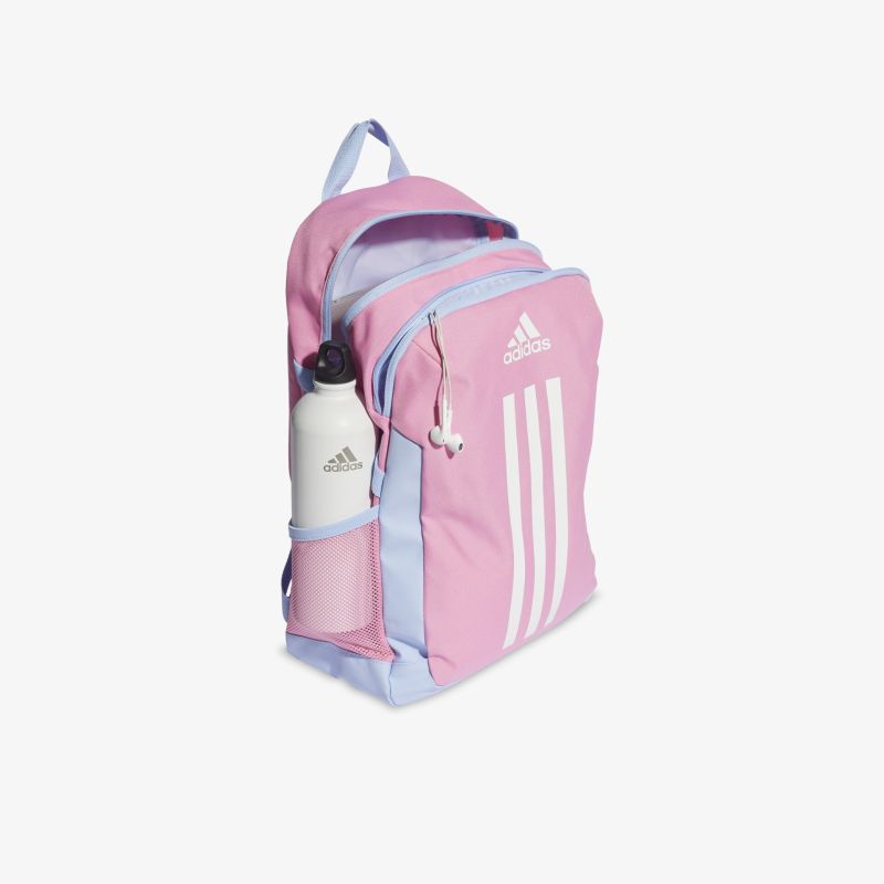 Stylischer pink und hellblauer Rucksack mit geräumigen Fächern und praktischem Flaschenhalter.