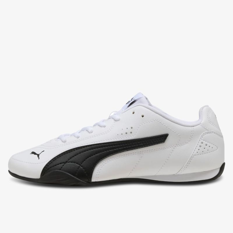 Leichter weißer Sneaker mit elegantem schwarzem Seitenstreifen und flexibler Sohle in klarer Seitenansicht