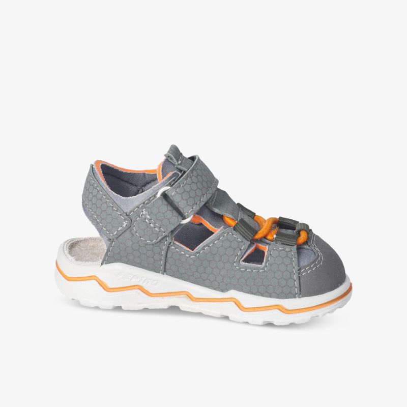 Graue Sandalen mit Klettverschluss und rutschfester Sohle für optimalen Tragekomfort und sportlichen Look.