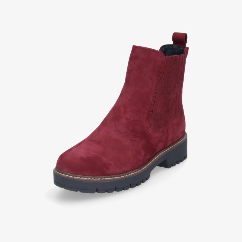 Bordeauxroter Wildleder-Boot mit robuster profilierter Sohle und praktischer Schlupfschlaufe für komfortables Anziehen
