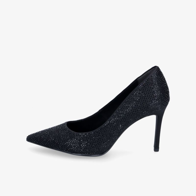 Eleganter schwarzer Glitzerpumps mit spitzem Zehenbereich und hohem Absatz für stilvolle Auftritte.