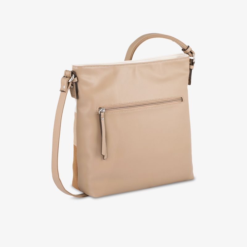 Elegante beige Schultertasche mit praktischem Reißverschlussfach und verstellbarem Trageriemen.