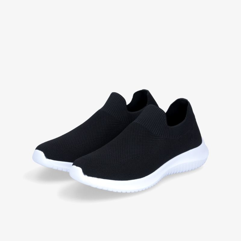 Moderne schwarze Slipper mit weißer Sohle und atmungsaktivem Material für Komfort und Stil.