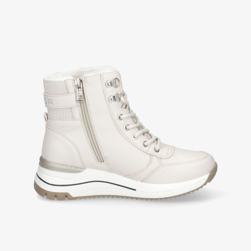 Weißer Sneaker Boot mit seitlichem Reißverschluss, moderner Schnürung und bequemer, gepolsterter Sohle in klarer Seitenansicht