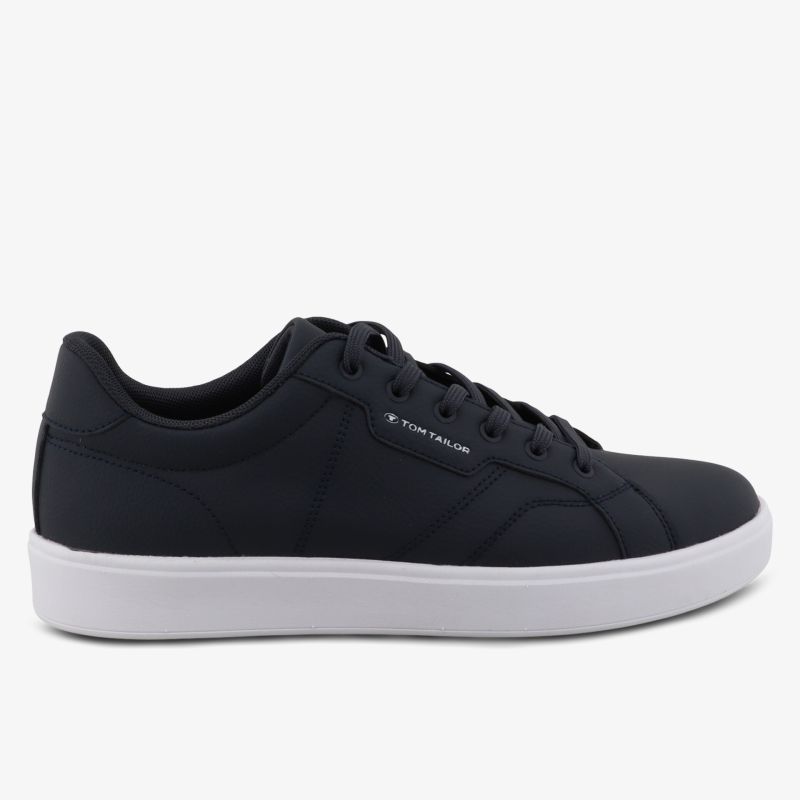 Schlichter schwarzer Sneaker mit weißer Sohle, seitliche Ansicht, bequem und strapazierfähig für Alltag und Sport