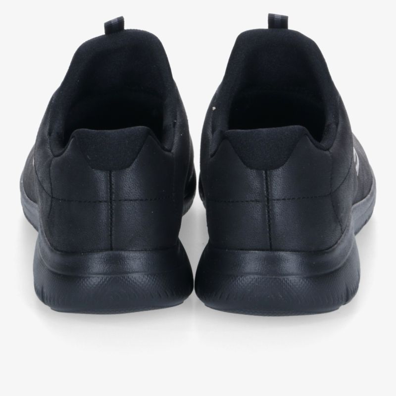 Moderner schwarzer Sneaker mit gepolsterter Ferse und griffiger Sohle für hohen Tragekomfort hinten gezeigt