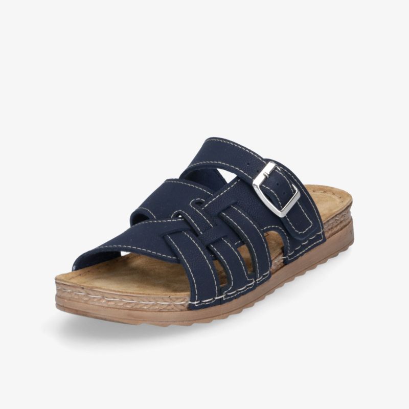 Bequemer blauer Lederpantoffel mit verstellbarem Riemen und gepolsterter Innensohle für hohen Tragekomfort