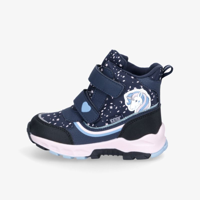 Bequemer, dunkelblauer Kinderstiefel mit Klettverschluss und stylischem Design, ideal für sportliche Aktivitäten.