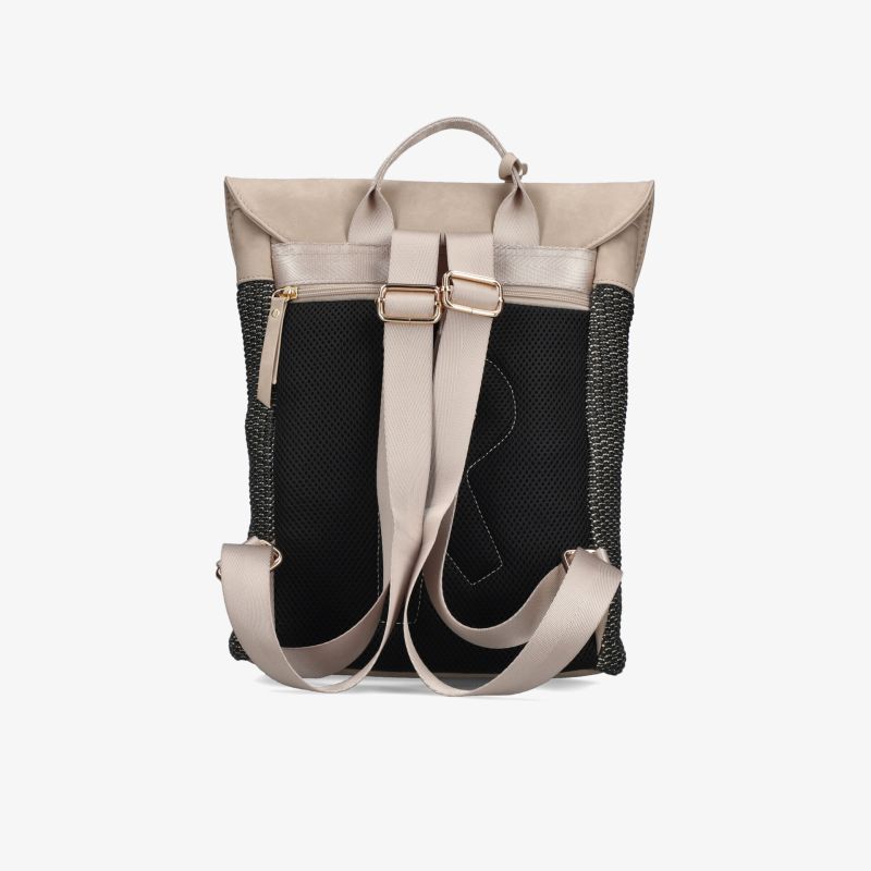 Robuster Rucksack mit gepolsterten, verstellbaren Schulterriemen in stilvollem Schwarz und Beige hinten