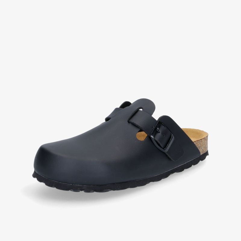 Schwarzer Komfort-Clog mit verstellbarer Schnalle und ergonomischer Fußbettung für optimalen Halt.