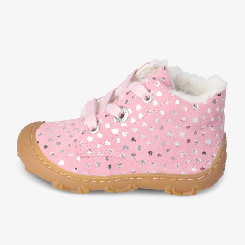 Glitzernde pinke Stiefel mit warmem Futter und rutschfester Sohle, ideal für den Winter.