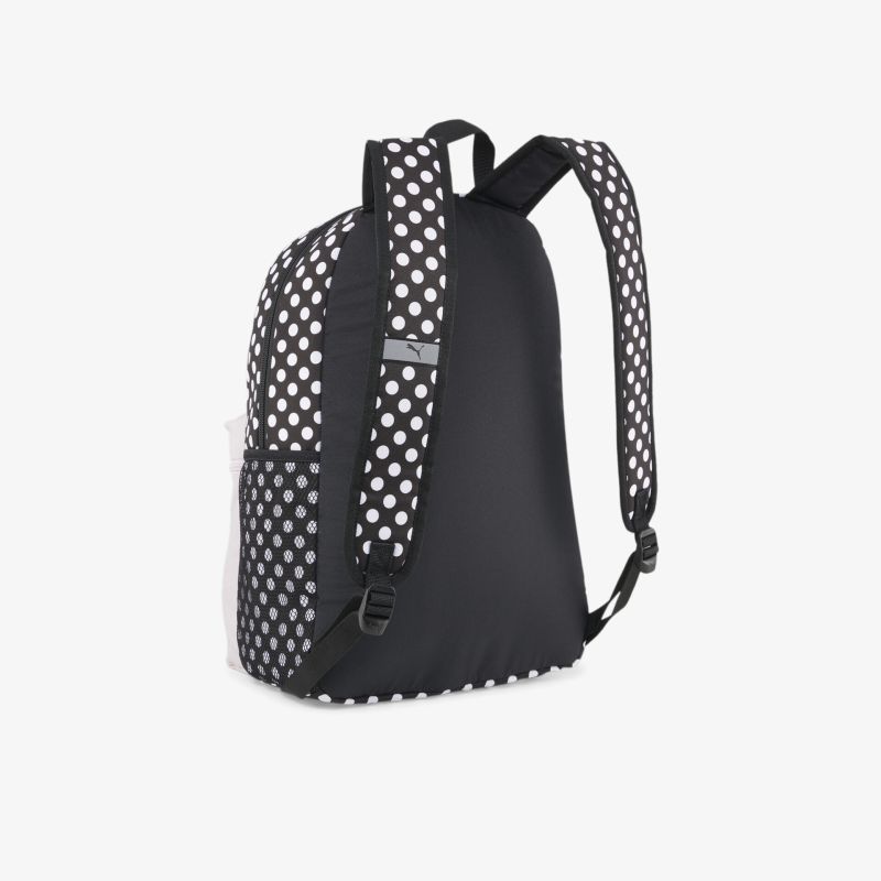 Robuster Rucksack mit gepolsterten Trägern und modernem schwarz-weißem Punktemuster, seitliche Ansicht