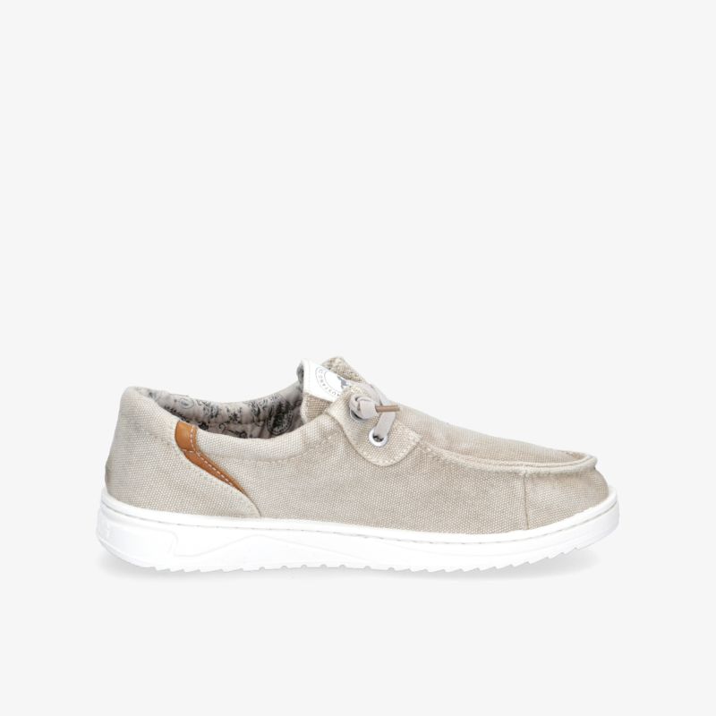 Moderner grauer Sneaker mit einem bequemen Schnitt und rutschfester weißer Sohle in Seitenansicht.