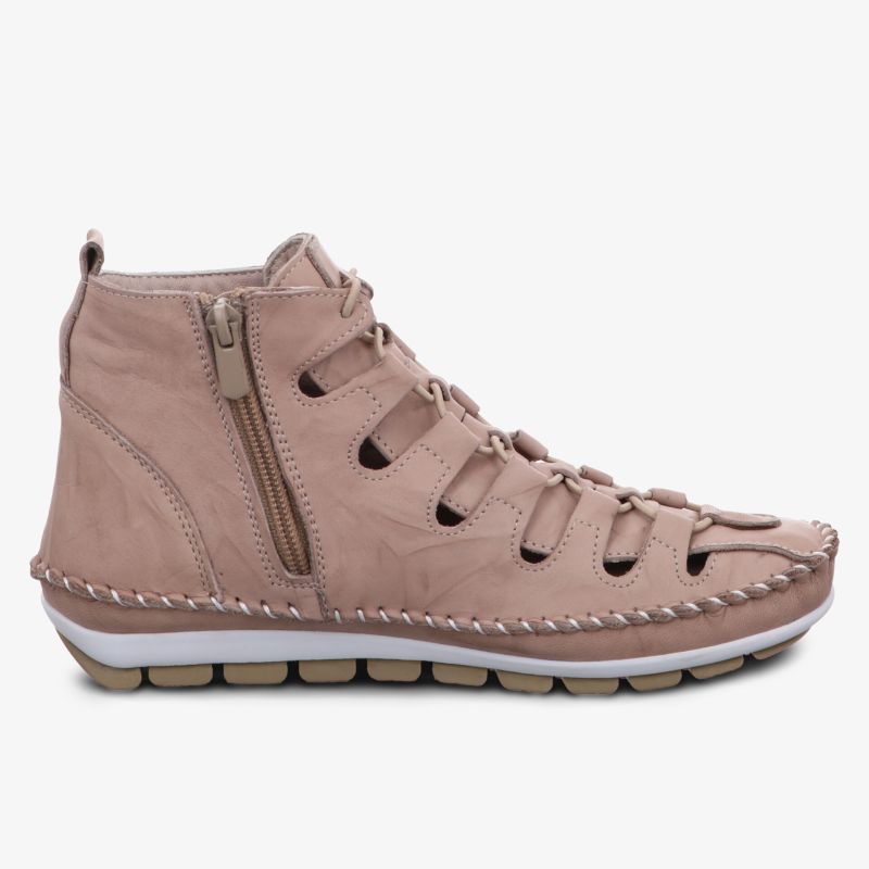Bequeme Sommerschuhe mit Schnürung und Reißverschluss, seitliche Ansicht.