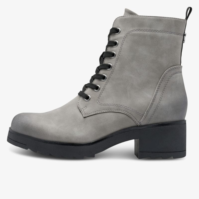 Grauer Stiefel mit Schnürung und robustem Absatz, modisch und komfortabel für vielseitige Gelegenheiten