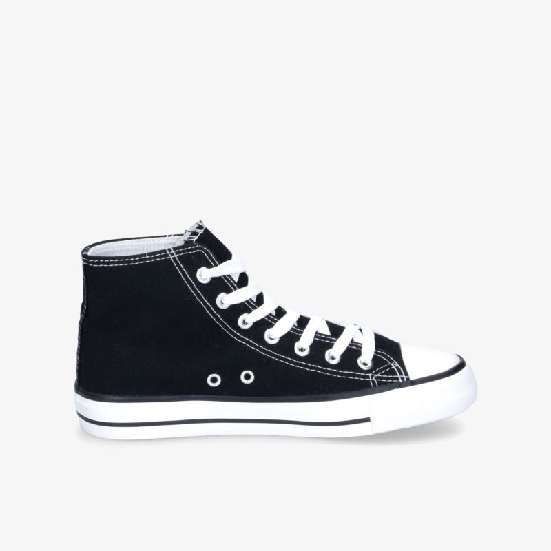 Stilvoller schwarzer High-Top-Sneaker mit weißer Sohle und Schnürdetail, ideal für Freizeit und Sport.