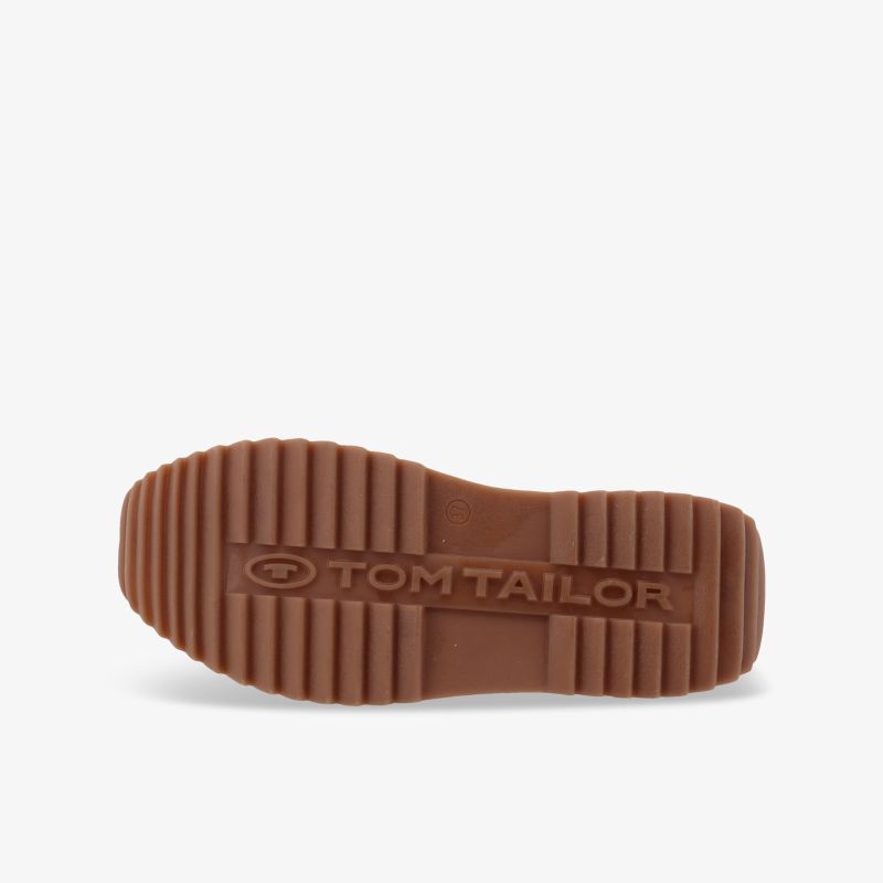 Robuste braune Schuhsohle mit Profil und deutlich sichtbarem Tom Tailor Markenlogo für sicheren Halt