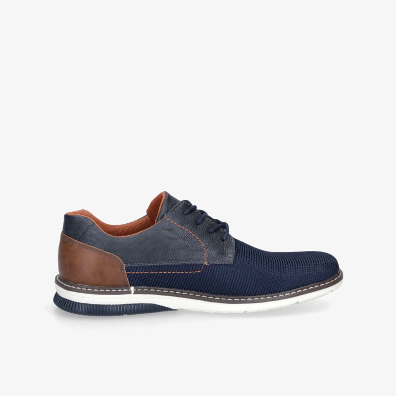 Eleganter blauer Lederschuh seitliche Ansicht mit bequemer Passform und modernen Designelementen