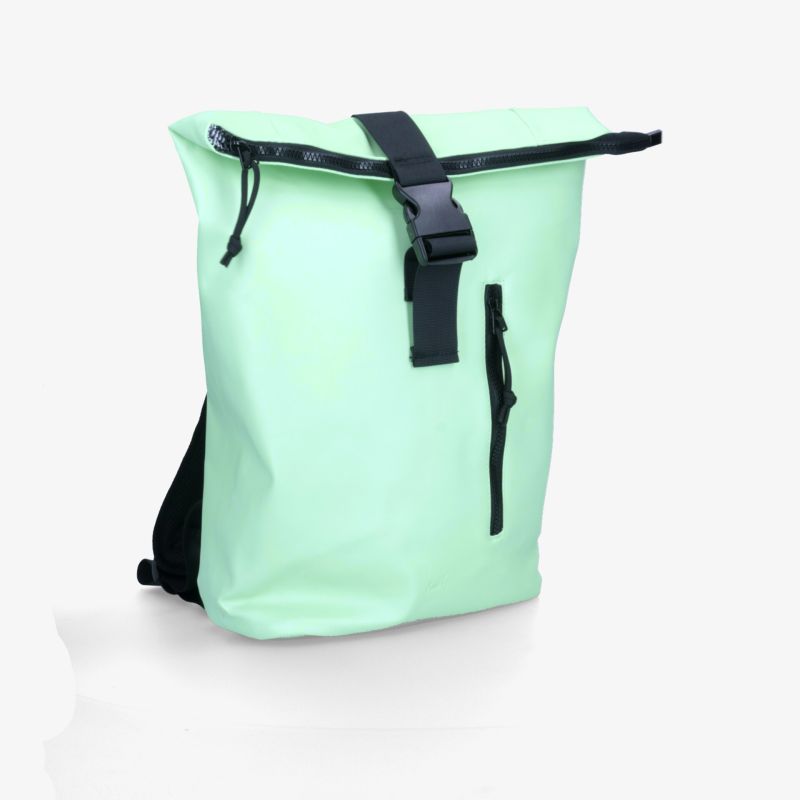 Moderner mintgrüner Rolltop-Rucksack mit praktischem Verschluss und Außentasche für leichten und sicheren Transport