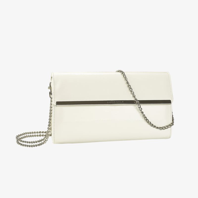 Elegante weiße Clutch mit Kettendesign, ideal für Abendveranstaltungen und stilvolle Auftritte.
