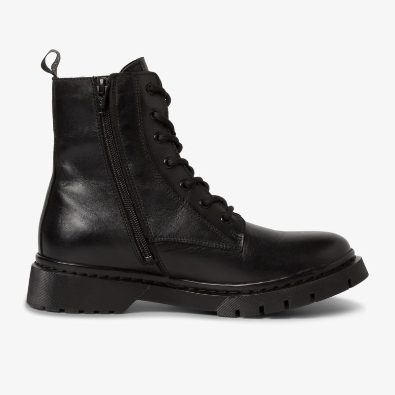 Robuster schwarzer Schnürstiefel mit Reißverschluss und rutschfester Sohle in eleganter Lederoptik.