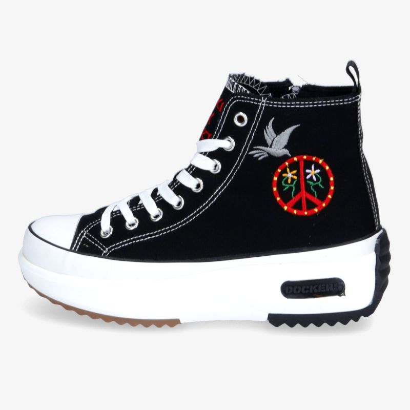 Stylischer High-Top-Sneaker mit bunter Stickerei und komfortabler Plattformsohle für modischen Auftritt.