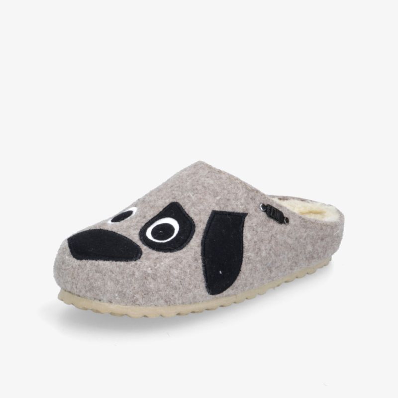 Gemütlicher Filzpantoffel mit niedlichem Hundemotiv und rutschfester Sohle, ideal für den Innenbereich.