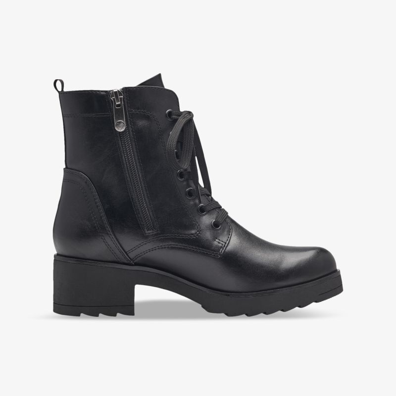 Eleganter schwarzer Stiefel mit Schnürung und Reißverschluss, robuster Blockabsatz und rutschfeste Sohle.