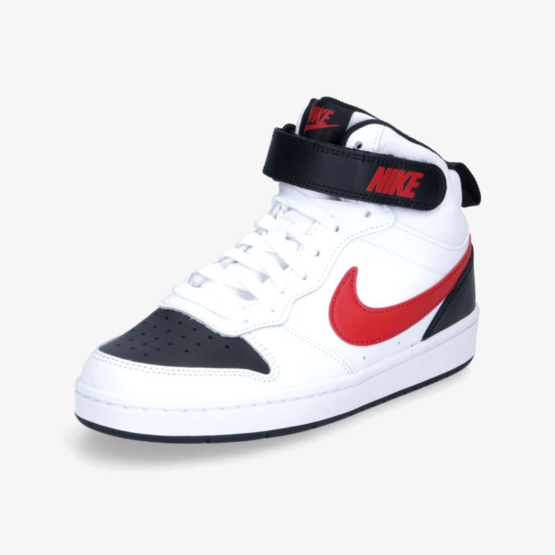 Moderner weißer Sneaker mit rotem Logo und Klettverschluss für optimalen Halt und sportlichen Look.