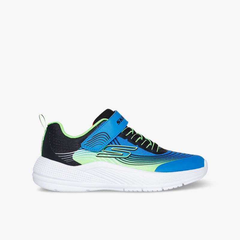 Moderner, sportlicher Sneaker in Blau und Grün mit rutschfester Sohle und bequemem Komfort seitlich dargestellt
