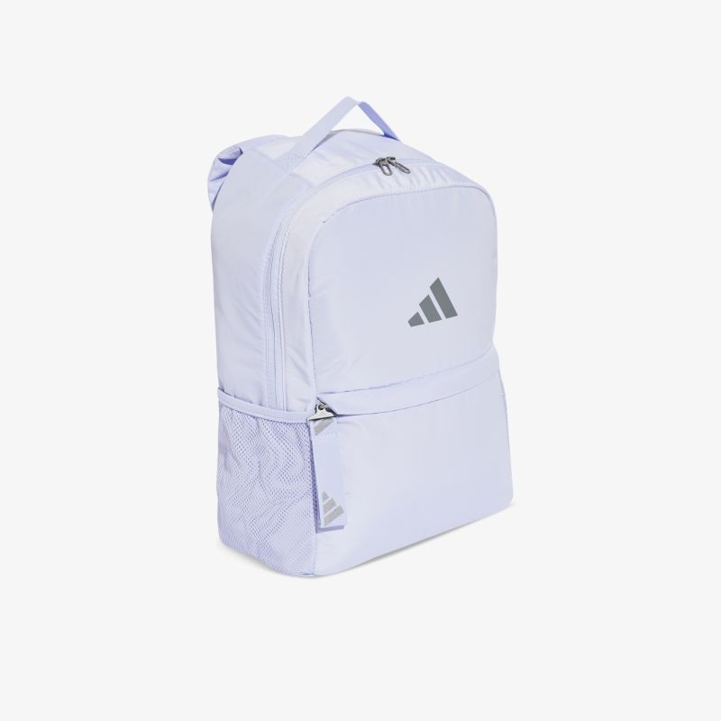 Moderner weißer Rucksack mit reflektierendem Logo, mehreren Fächern und praktischem Tragegriff für vielseitige Nutzung