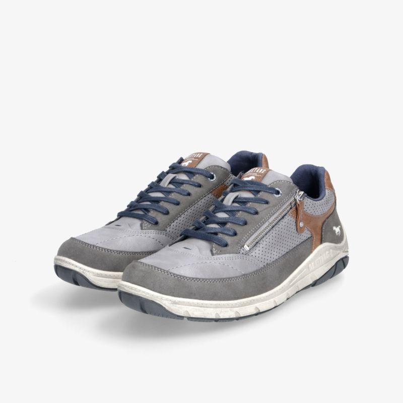 Bequeme, leichte graue Sneaker mit blauen Details und stabiler, gepolsterter Sohle, modernes Design