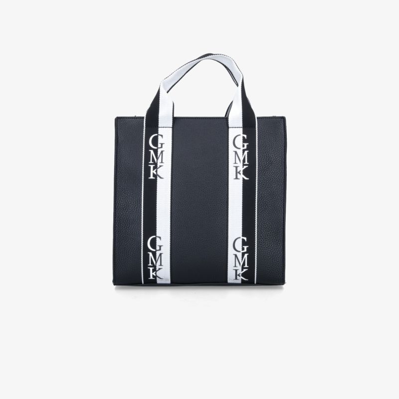 Schwarze robuste Tasche mit weißen breiten Trägern für praktischen, stilvollen Alltagsgebrauch